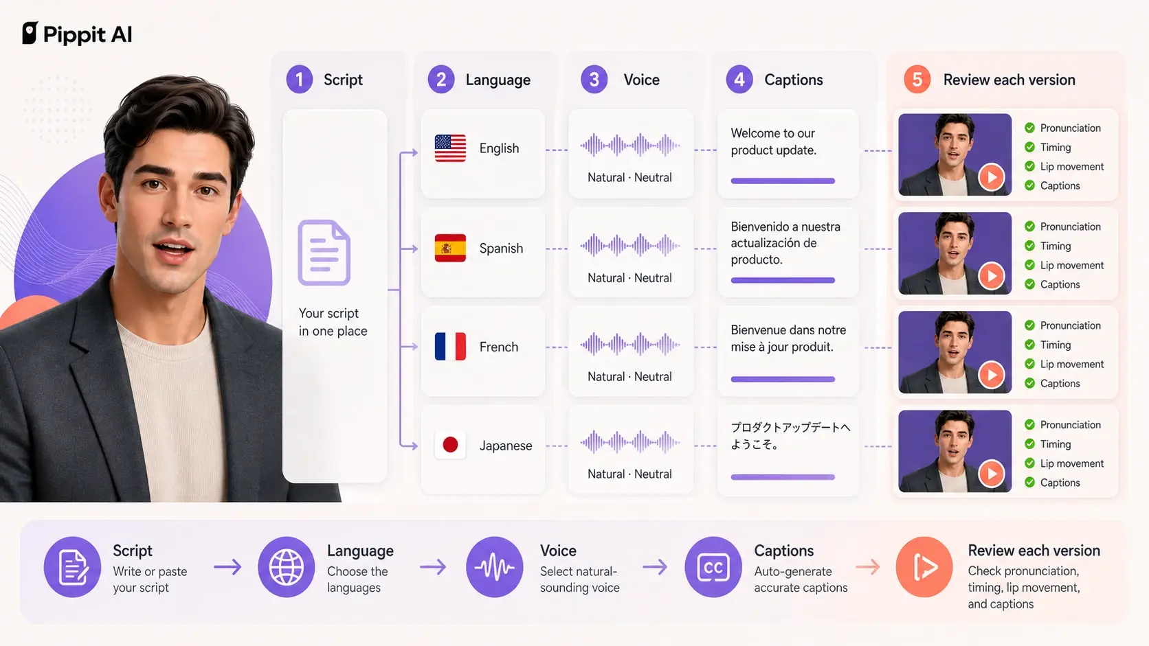 AI avatar video workflow with script, language, voice, captions, and review steps in four languages.