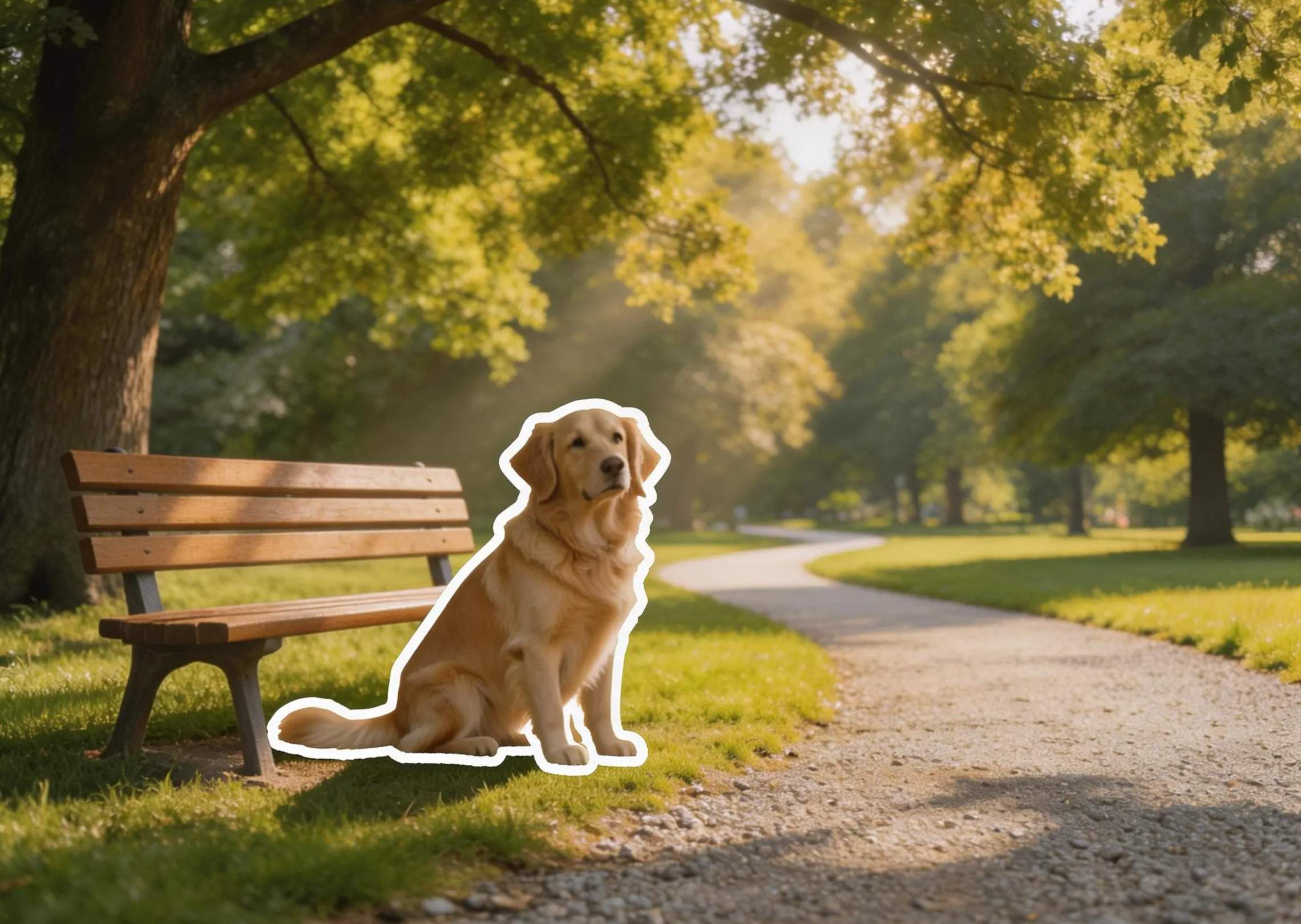 Kombinasikan latar belakang taman yang tenang dengan golden retriever