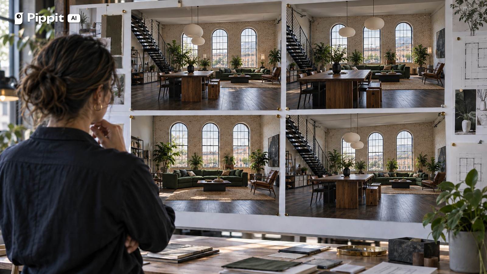 A production designer compares four matching camera views of the same distinctive design loft.