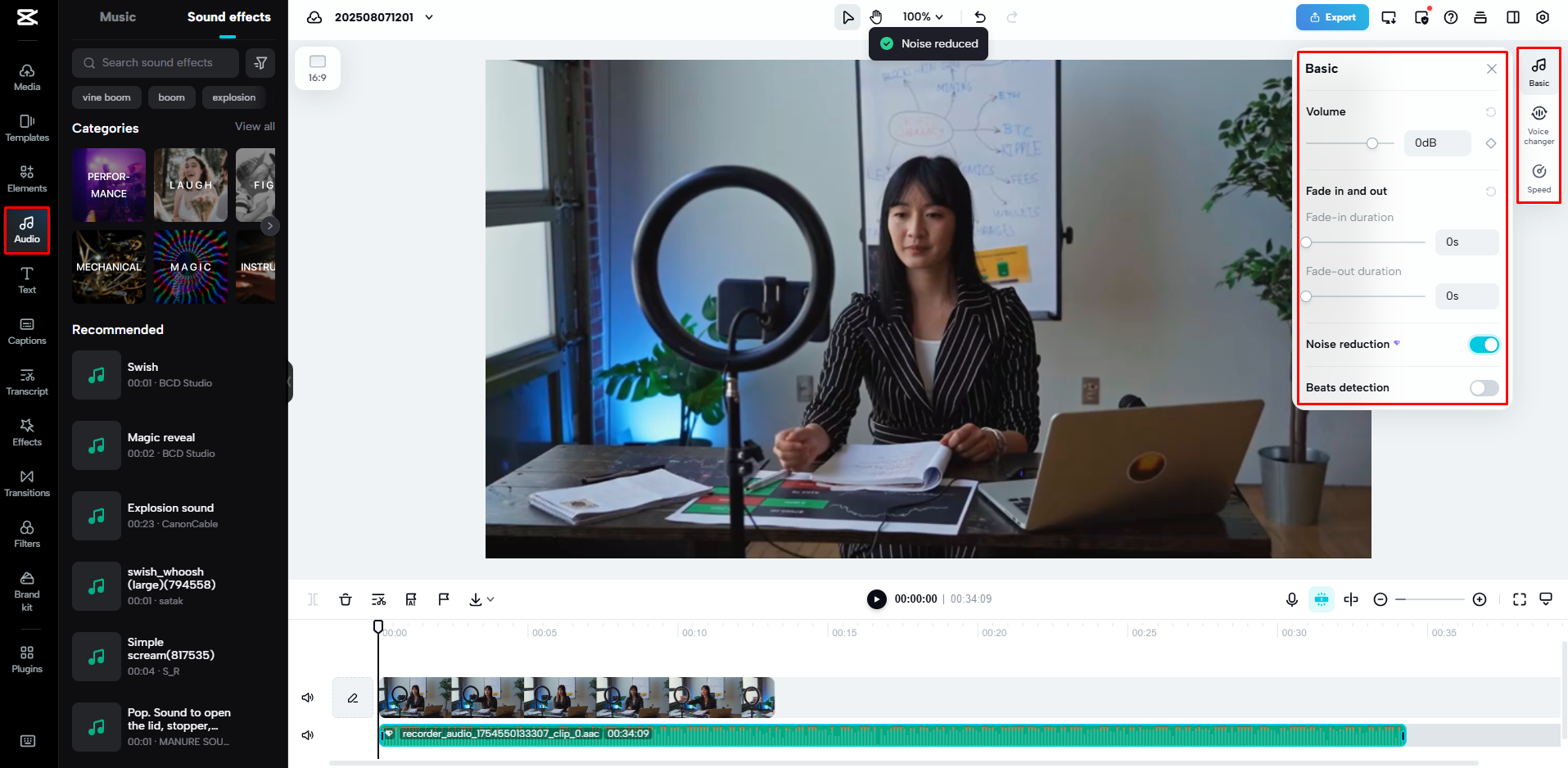 Enhancing the recorded audio in CapCut Web