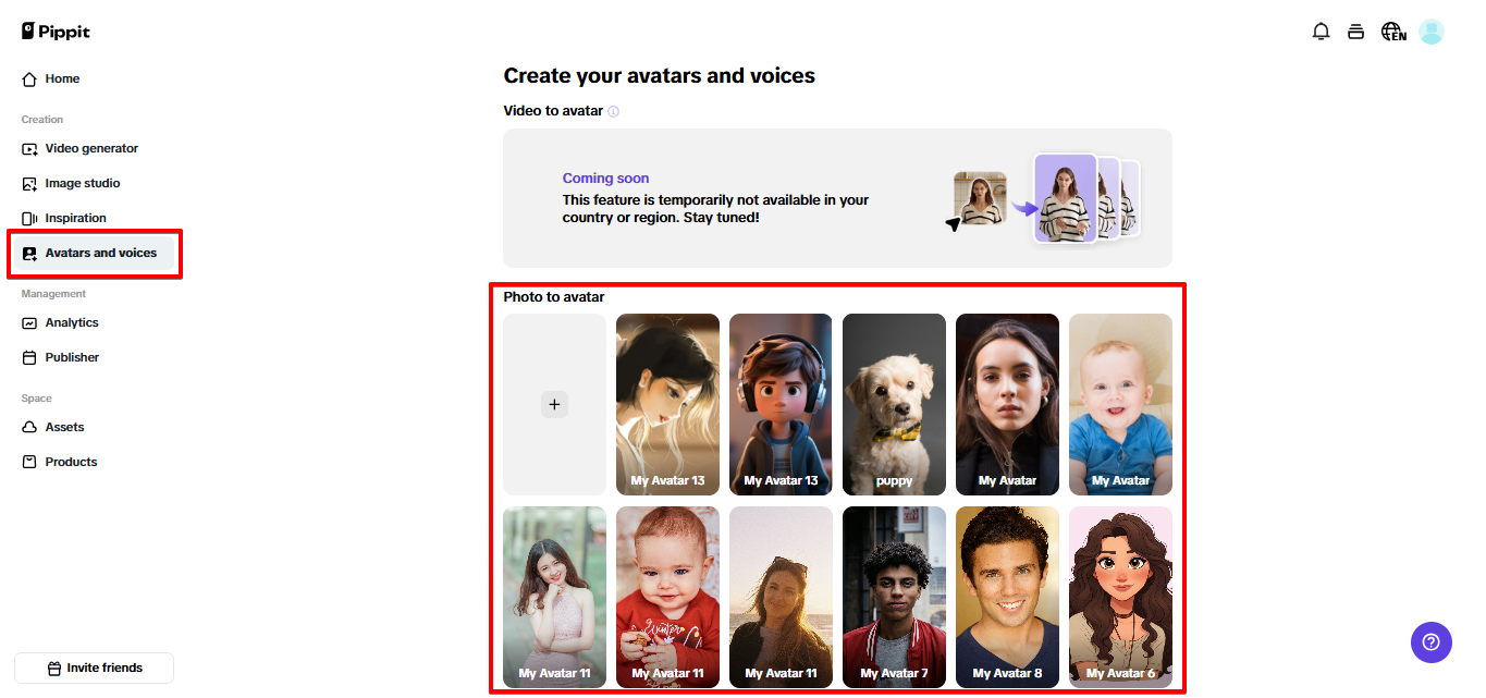 Avatars and voices in Pippit
