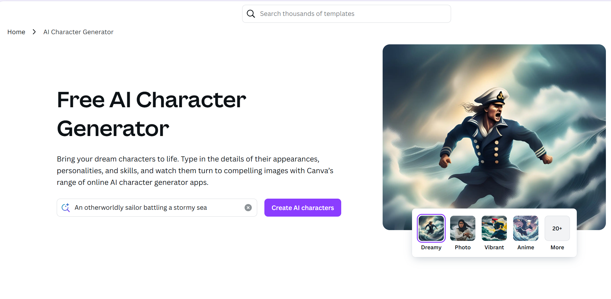 Schnittstelle von Canva - einem nützlichen und kostenlosen Online-Charakterersteller