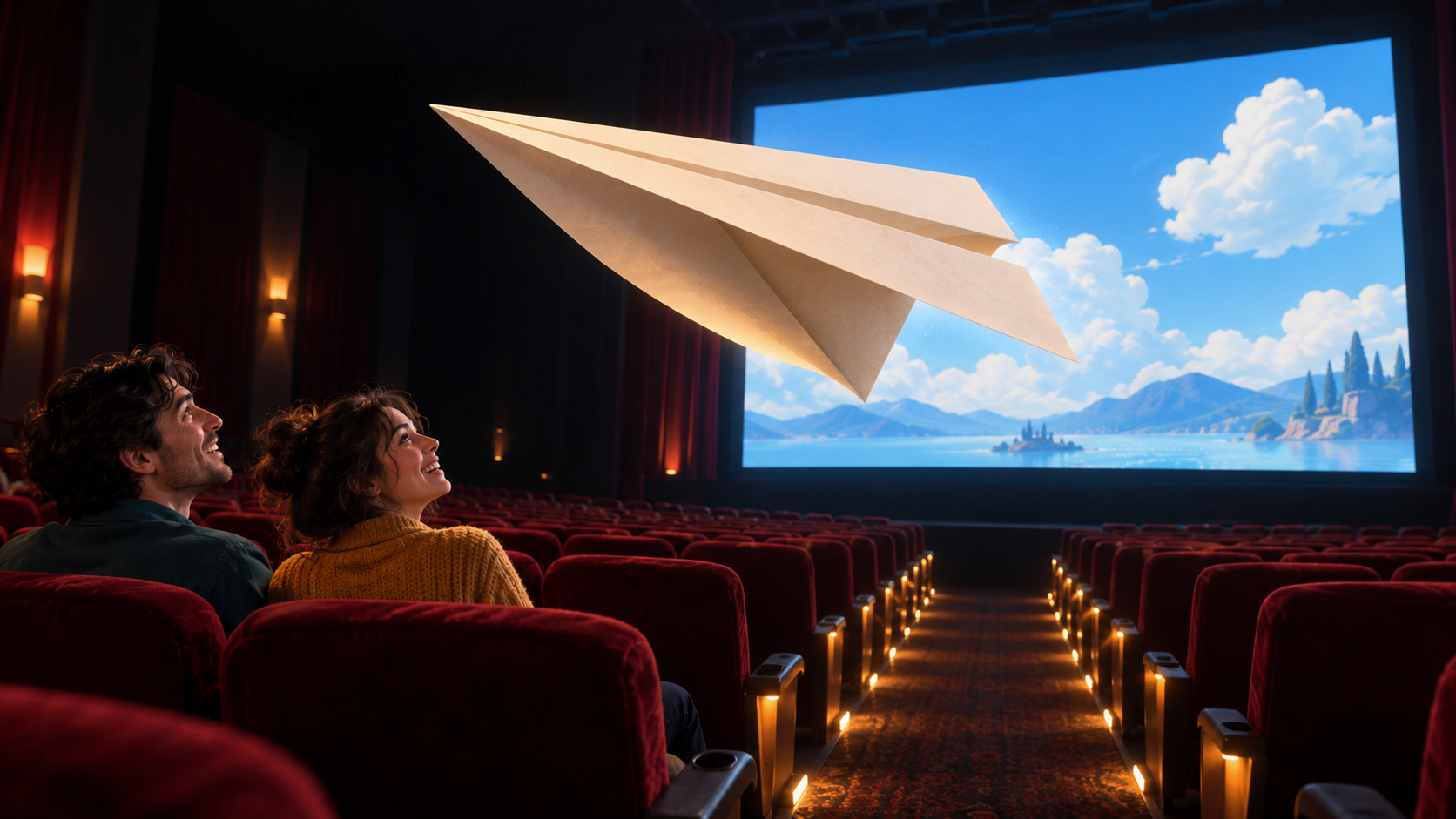 Oversized paper airplane floating beyond a cinema screen toward two adult viewers