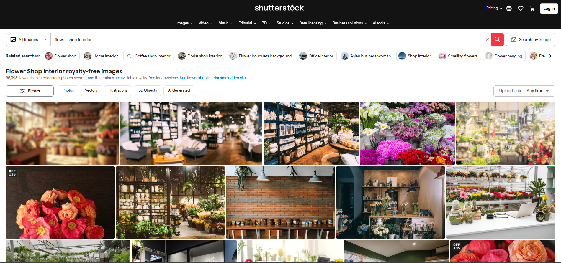 Interface of Shutterstock - a platform with flower shop interior design pictures