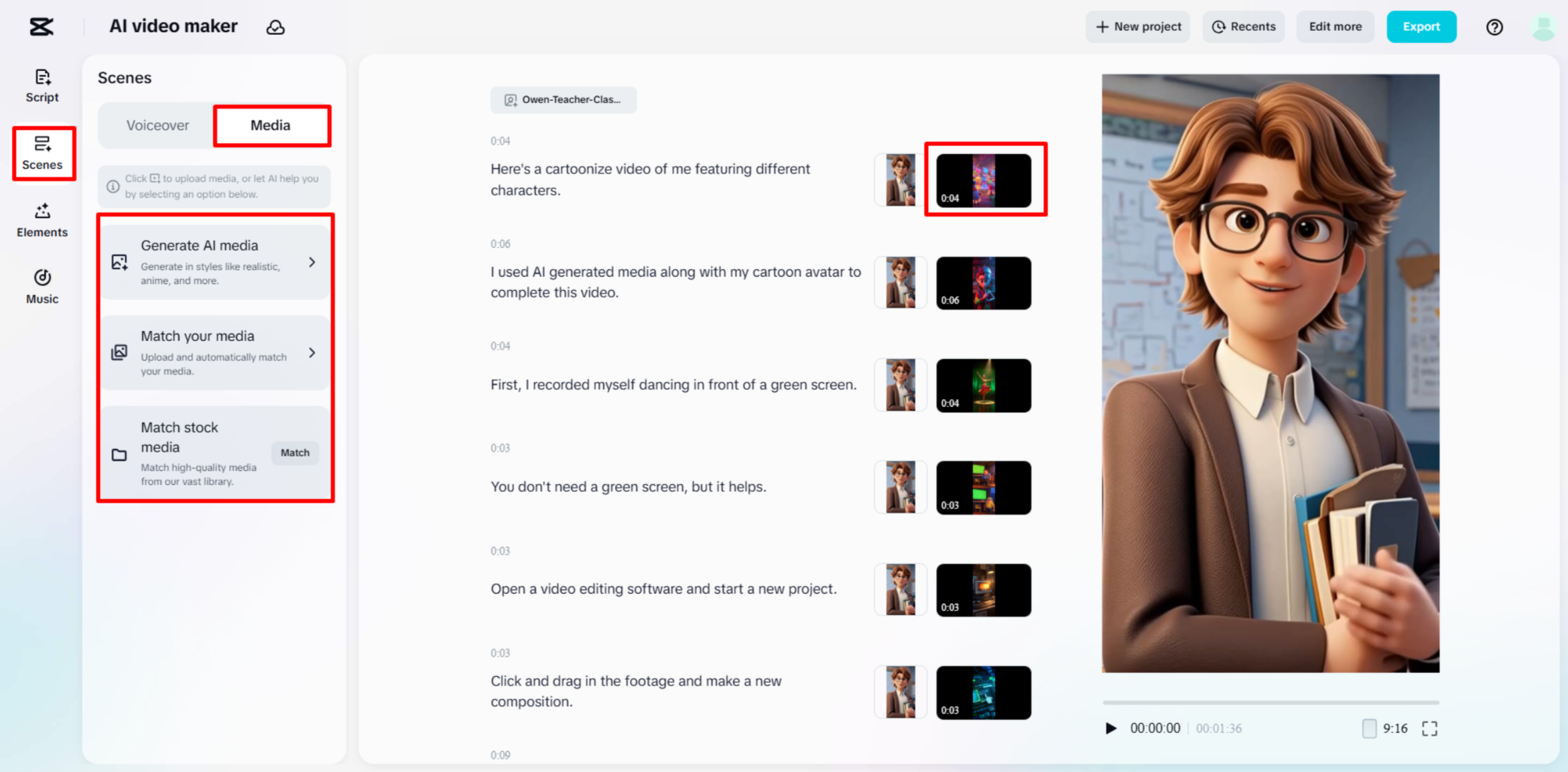 Adding or replacing media to the video using CapCut's AI video maker