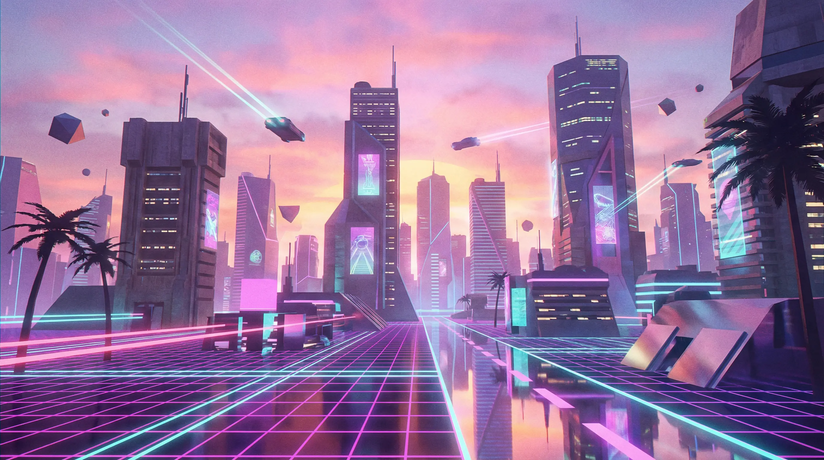 Paisagem neon futurista com pôr do sol vaporwave