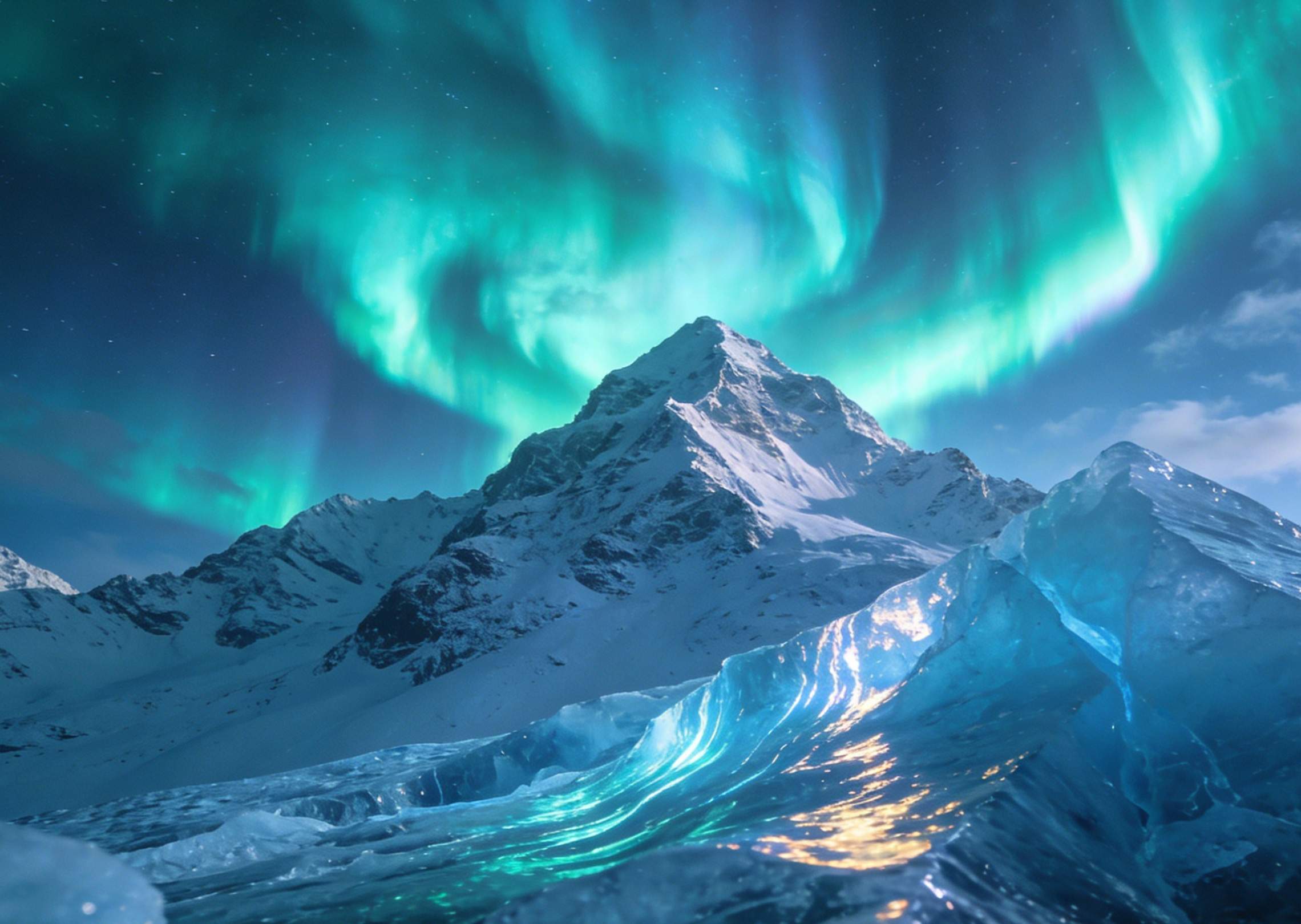 Schneebedeckte Berge unter dem Polarlicht