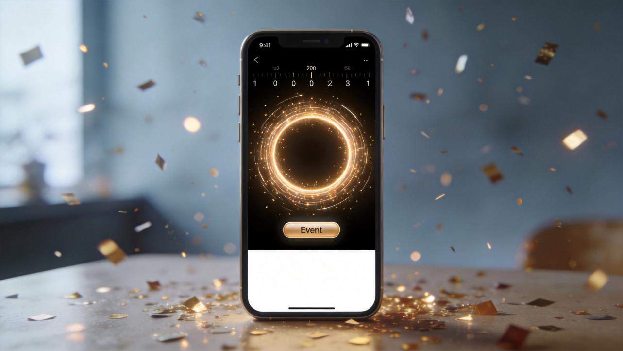 Phone showing a glowing countdown ring with confetti falling around it