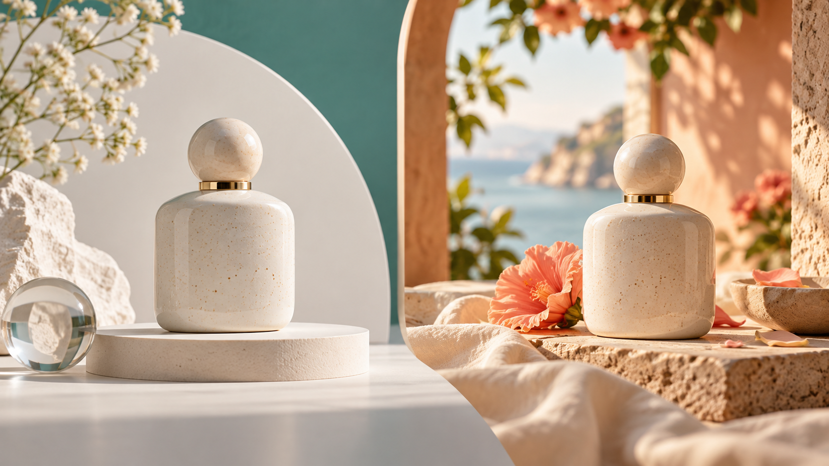 A ceramic perfume bottle in listing and lifestyle photography sets