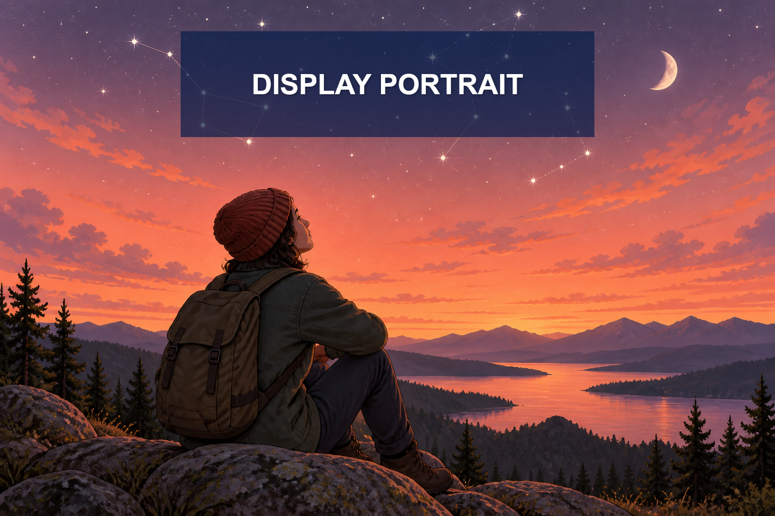 Original fictional display portrait with a warm coral background and clear silhouette