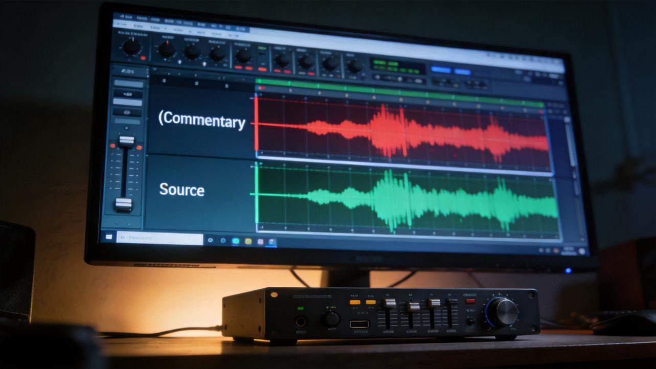 Audio editing screen with red Commentary and green Source waveforms