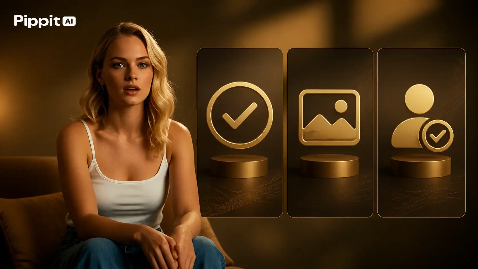Blonde woman beside gold icons for consent, photo input, and user rights