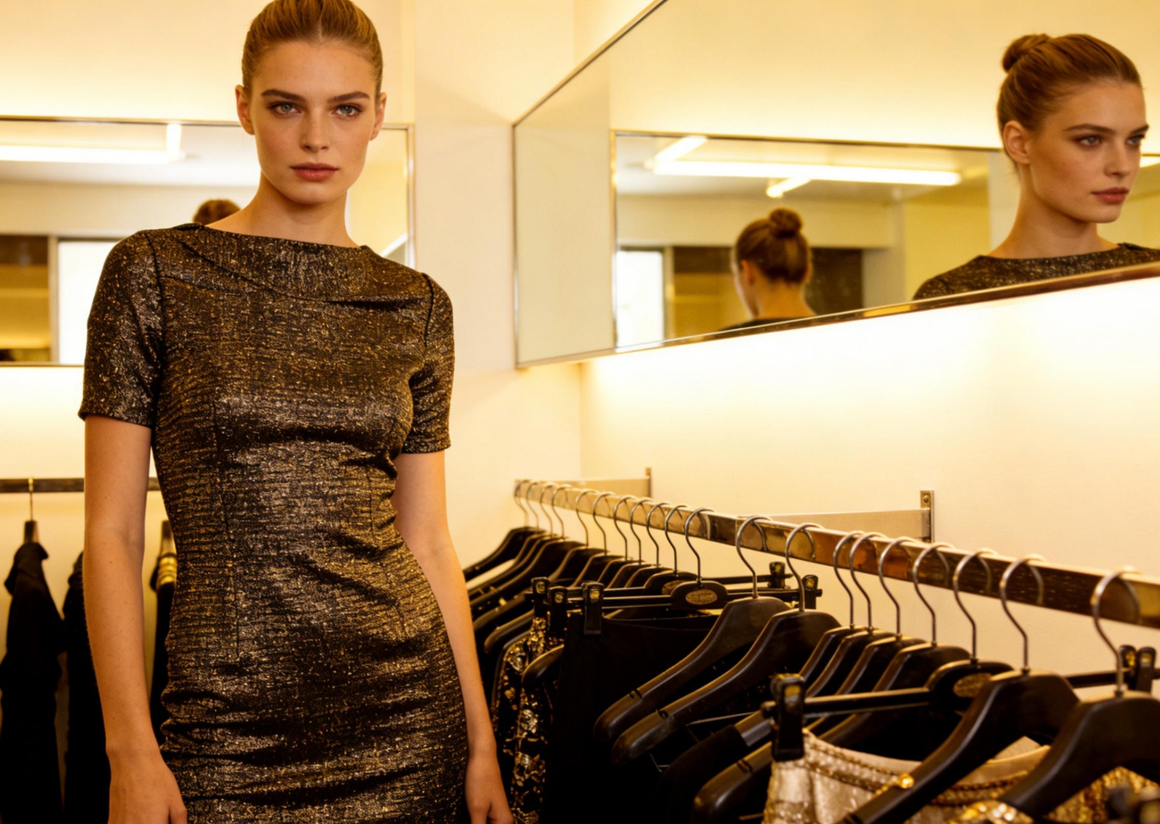 Una modelo femenina en una boutique con un vestido nuevo