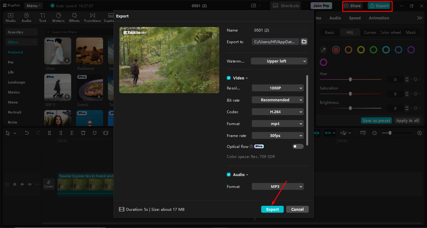 Exporting the final footage from the CapCut desktop video editor