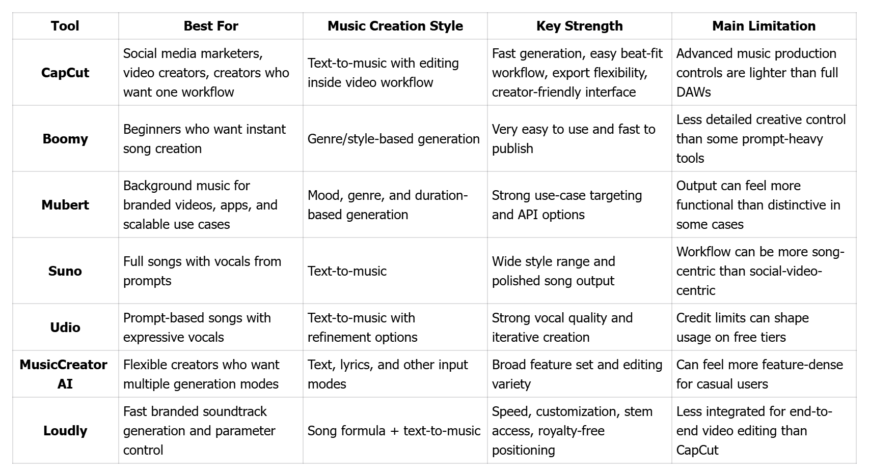 Quick Comparison of the Top 7 AI Music Tools