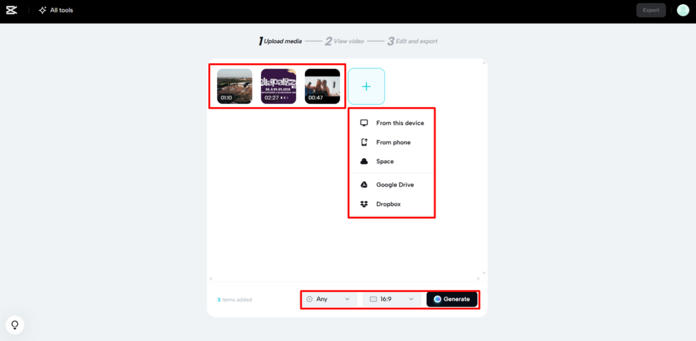 Laden Sie die Festivalclips auf die CapCut Web hoch.
