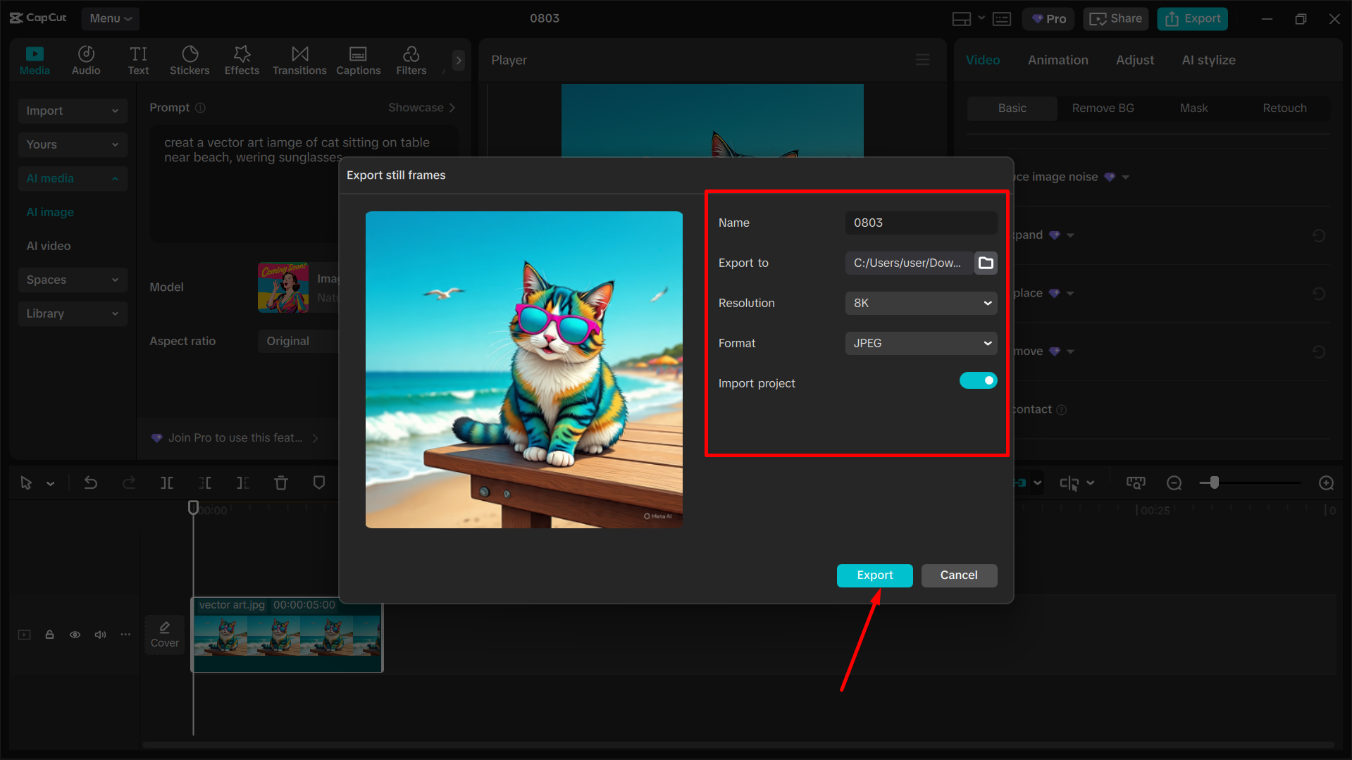 Downloading the final image from the CapCut desktop video editor