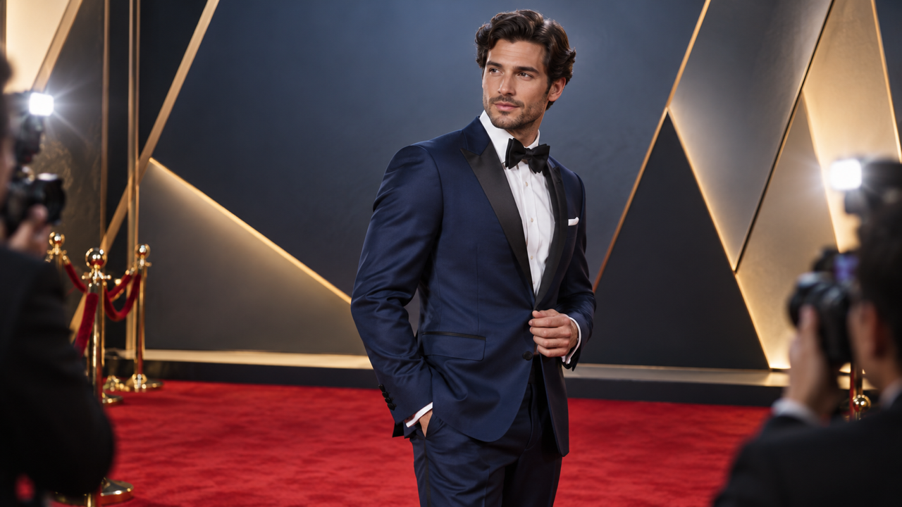 Single original adult man in deep navy tuxedo holding star-style pose at unbranded geometric premiere backdrop, refined cool-warm lighting, premium editorial 16:9; no companion.