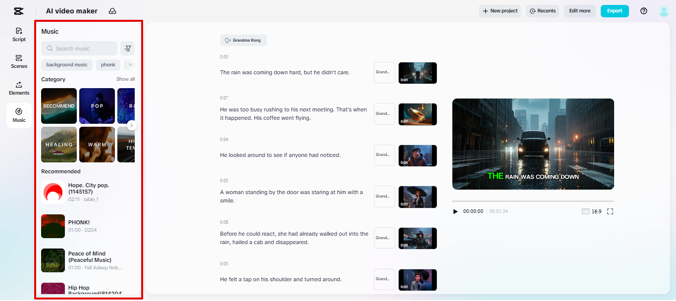 CapCut Web music library