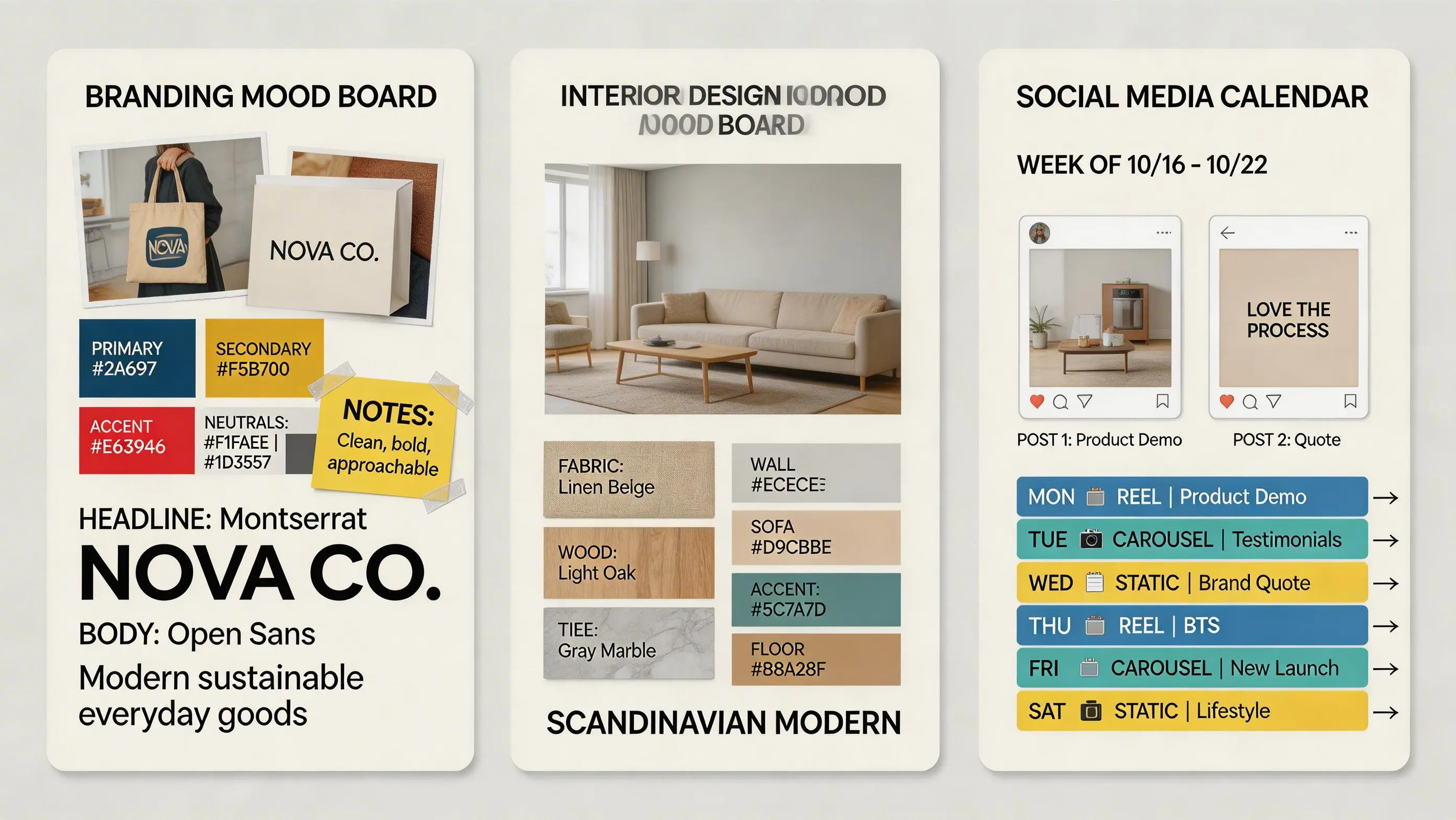 Side-by-side comparison showing three different mood board examples