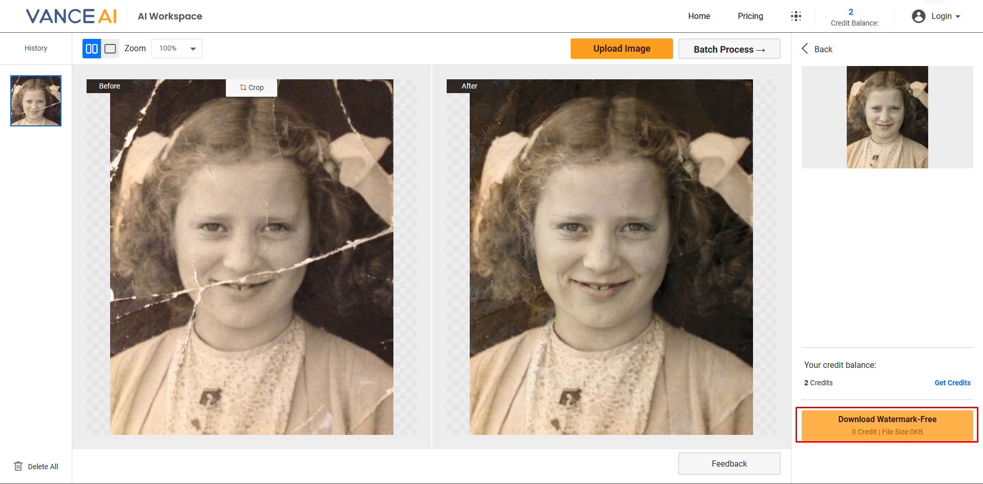 Saving the edited image from VanceAI photo restorer