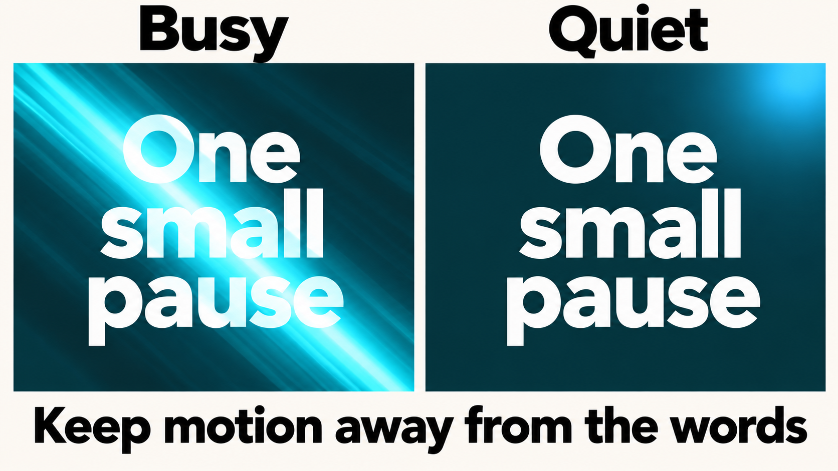 Illustrative comparison of a bright streak crossing text and a quiet dark area behind the same words