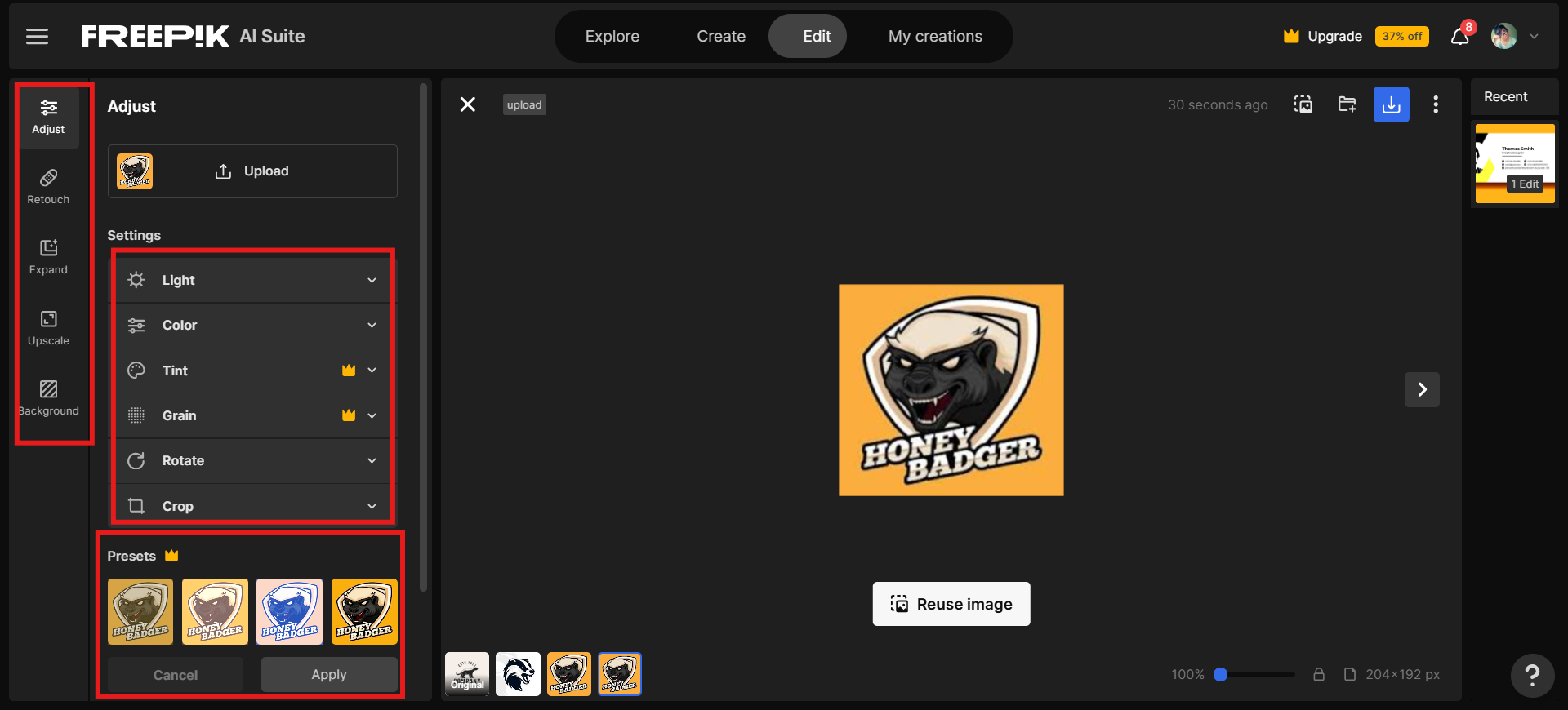 Customize the honey badger team logo