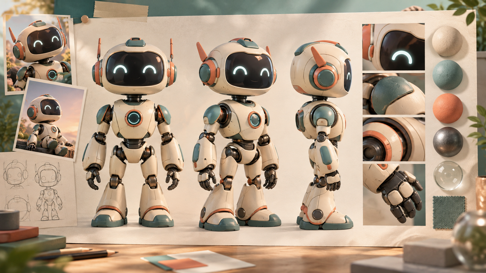 A robot character design sheet with multiple views and swatches