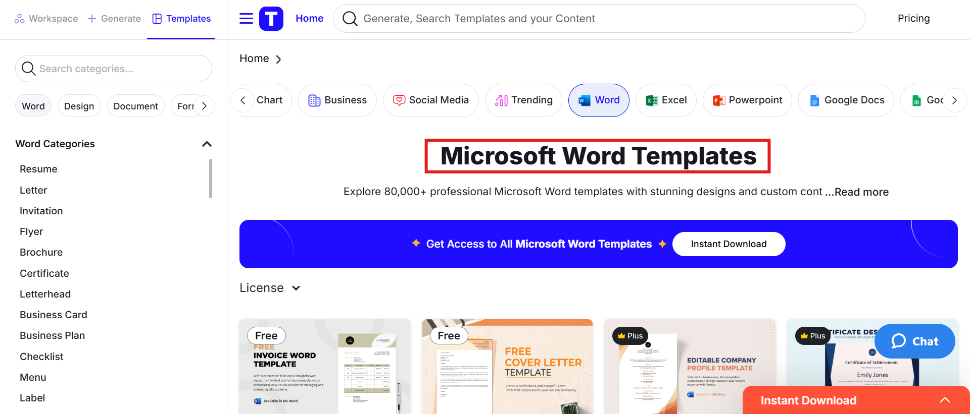 Visit the Word's templates section