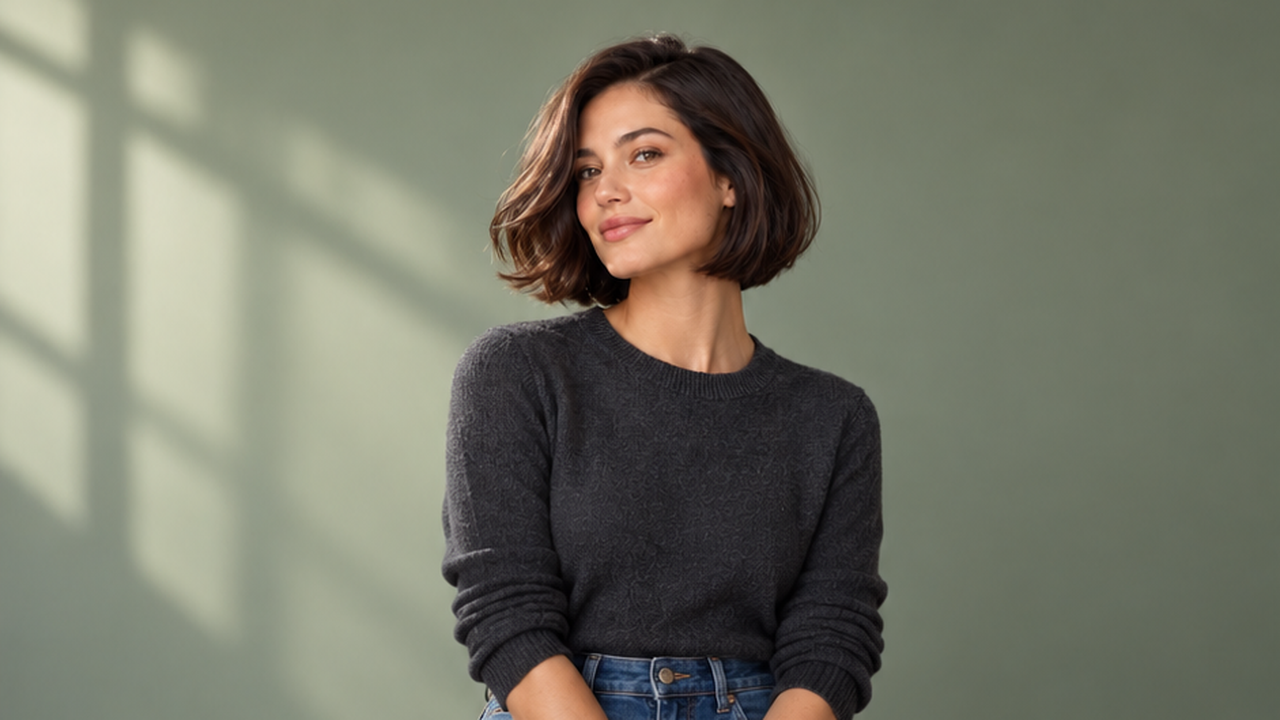Premium photorealistic 16:9 waist-up editorial portrait of one original adult woman with glossy dark jaw-length bob and soft side part, bob ends curved slightly outward during a gentle head turn, charcoal crew-neck top, muted sage studio, diffused window light, full crown and entire bob with generous margins, natural skin. No text logos watermark.