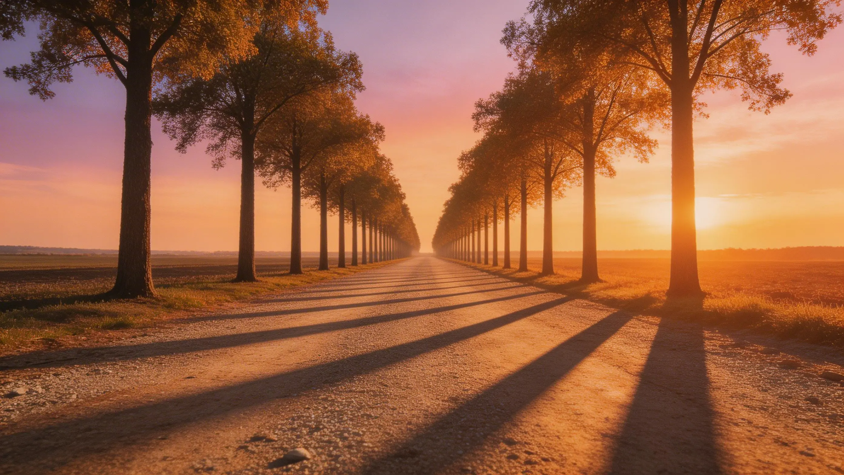 對齊的樹木投射出長長的對角線日落陰影