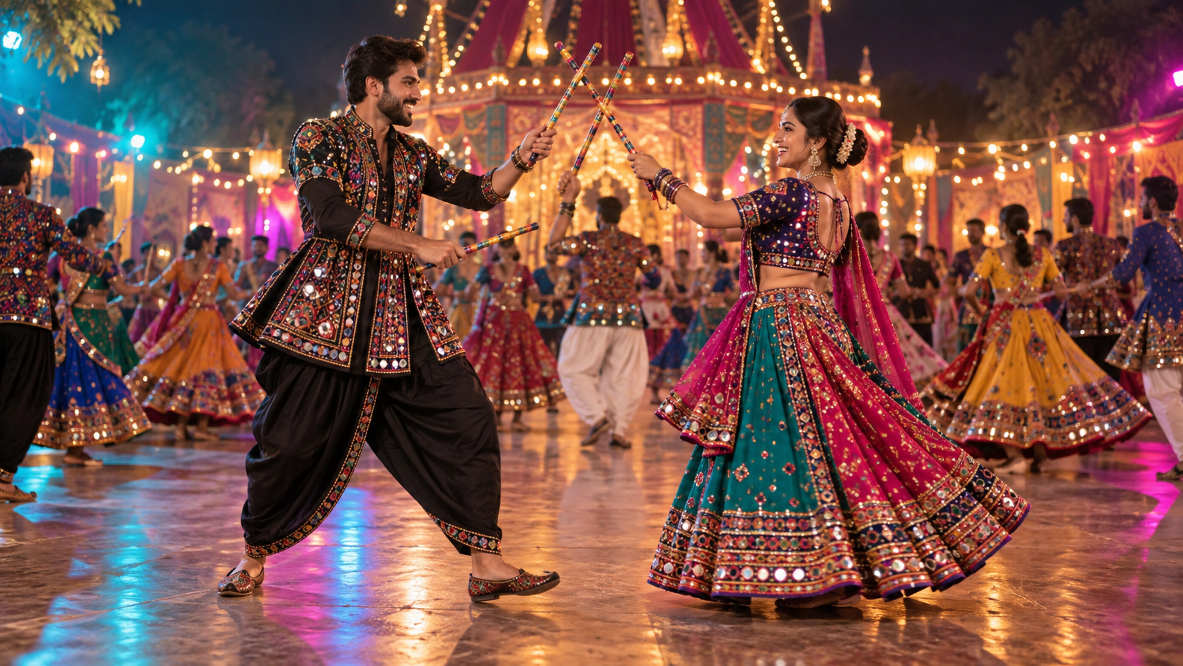 Garba couple AI photo hero: Crossed-Dandiya Couple