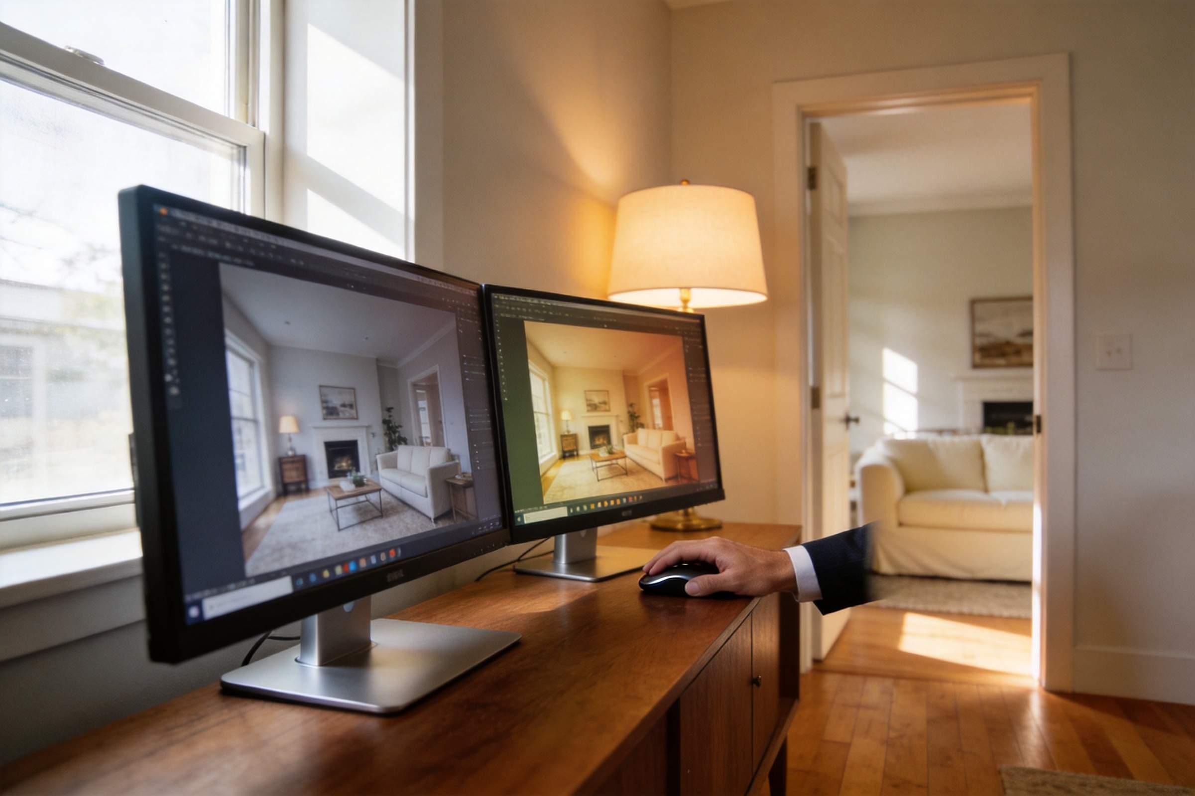 Dual monitors displaying real estate living room photos on a desk beside a hand using a mouse