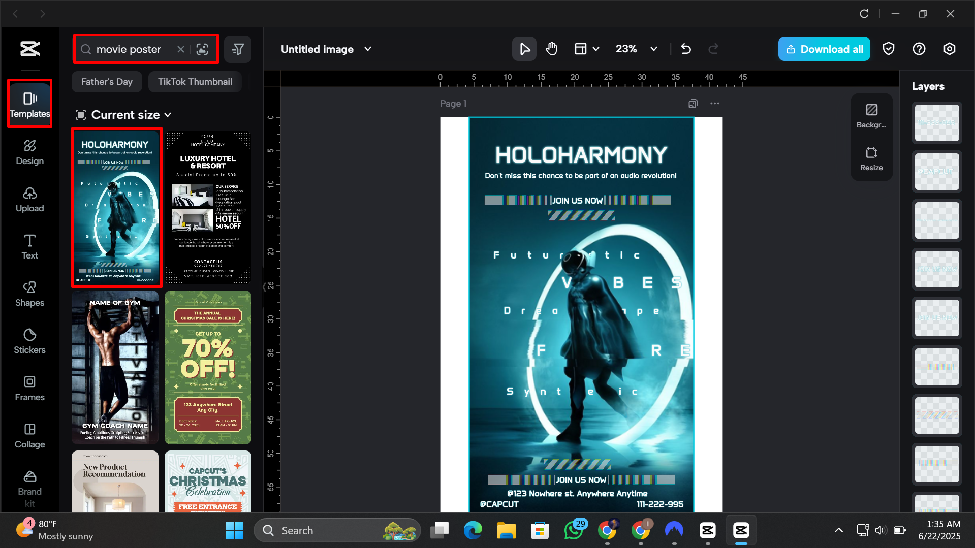 Searching for a specific  poster template in the CapCut desktop video editor