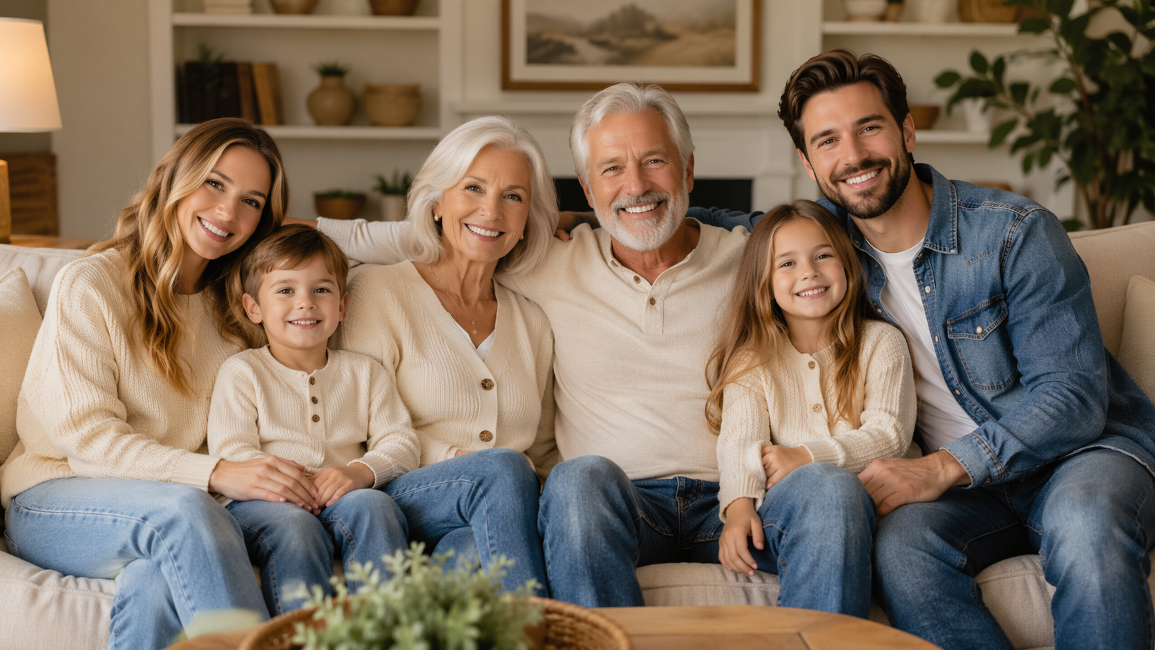 Dreamina trending familj foto snabb exempel 1: Mysig soffa familj porträtt