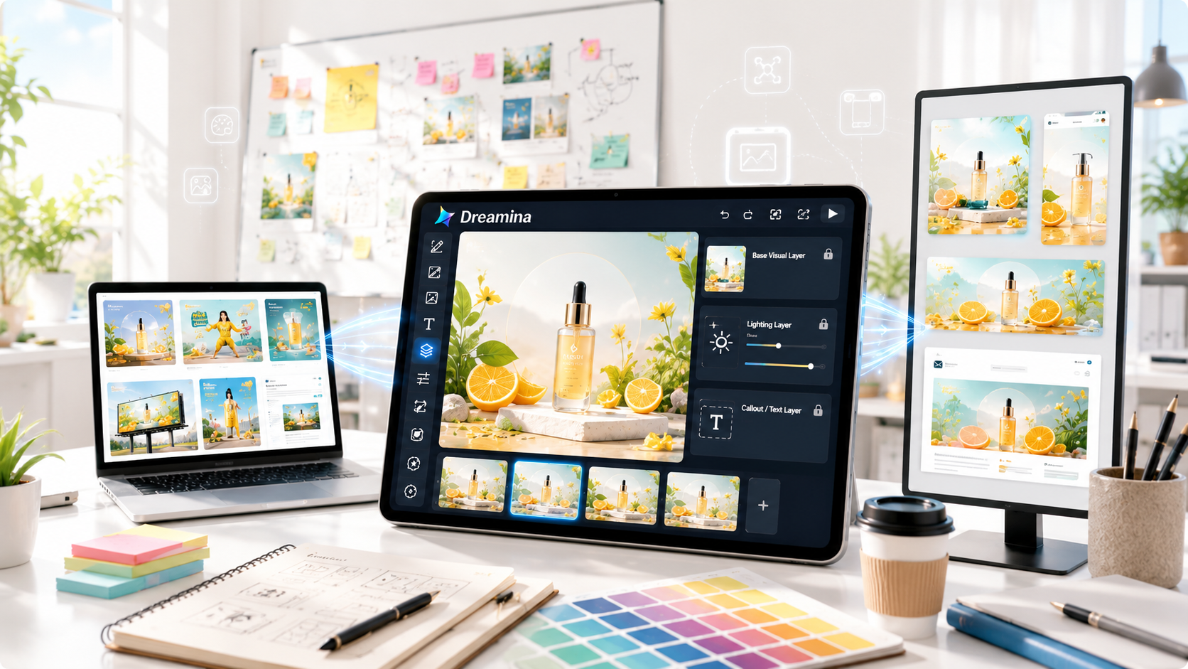 Cel mai recomandat generator de imagini AI pentru imagini de marketing - interfața de pânză multi-strat Dreamina afișată pe ecranul central cu adaptări de format social, anunț și e-mail