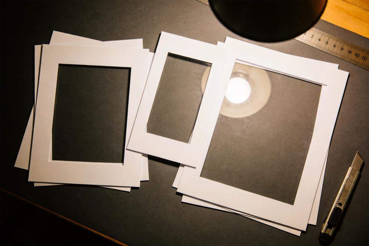 Three paper frame cutouts in different aspect ratios on a desk with a ruler and craft knife