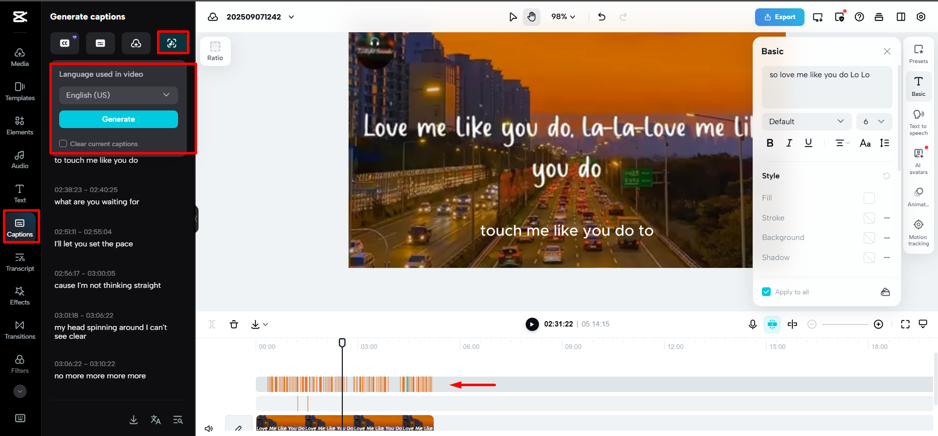 Generating auto lyrics for a song
