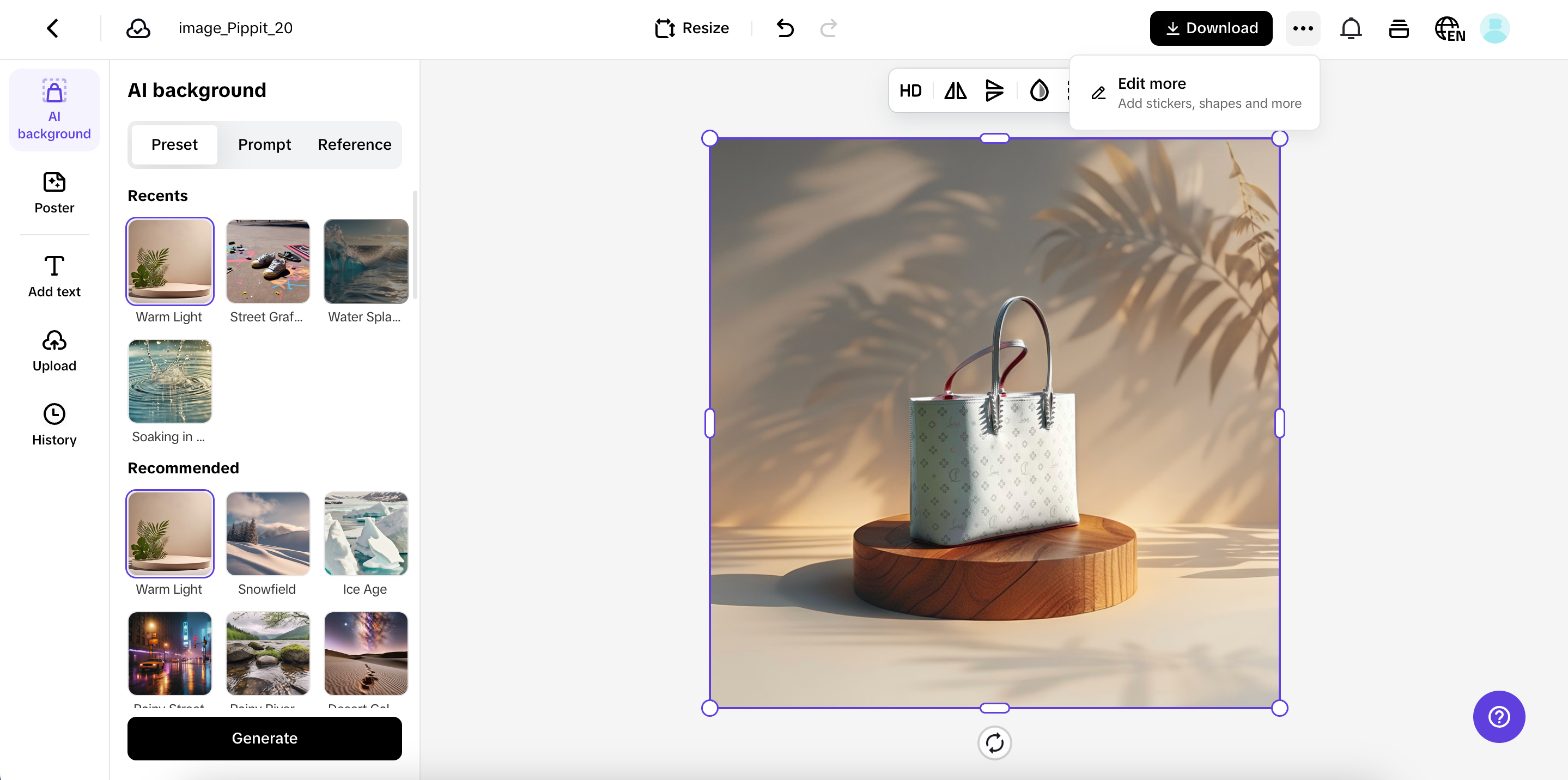 Creating your product image in Pippit