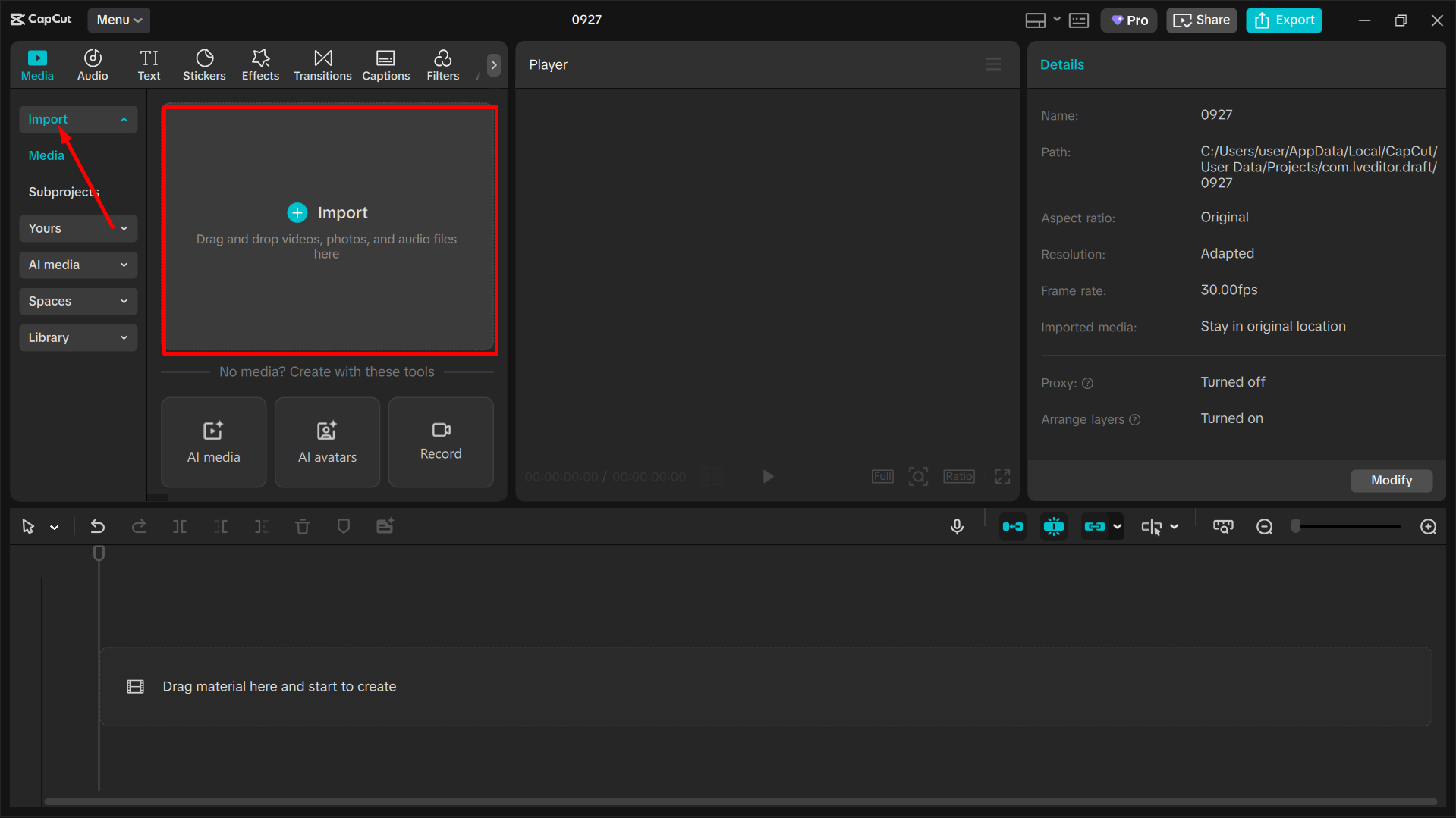 Uploading the video to the CapCut desktop video editor
