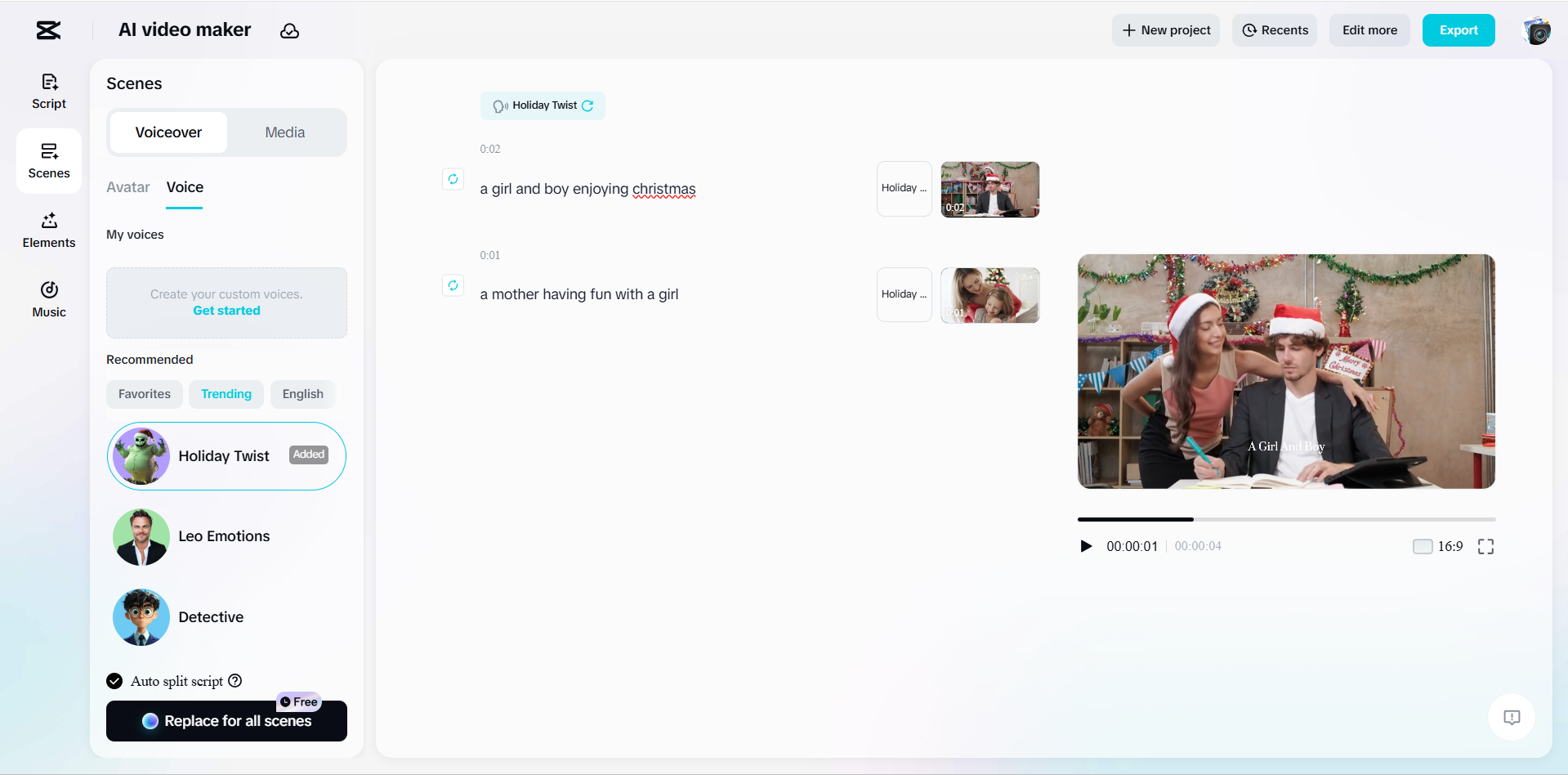 Interface do editor do criador de IA vídeo do CapCut
