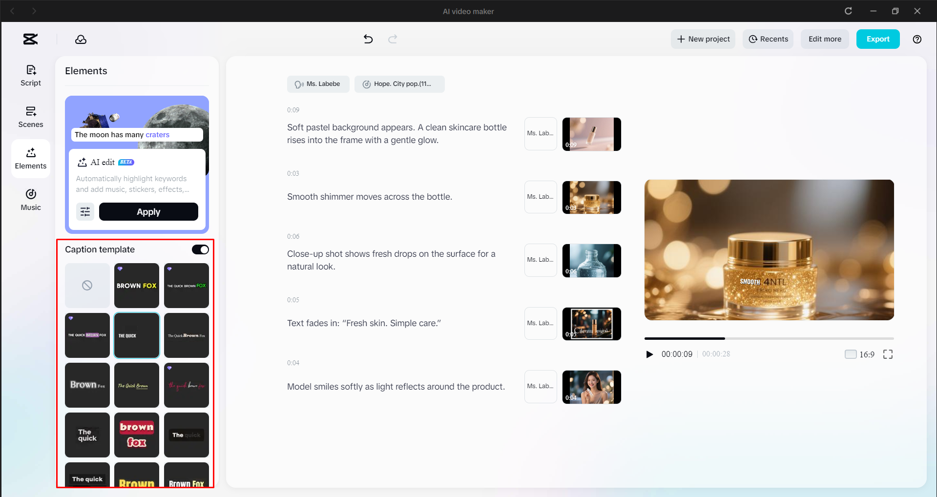 Adding captions to the video in CapCut