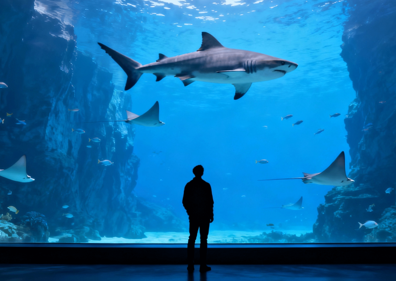 An aquarium, giant sharks and sea creatures