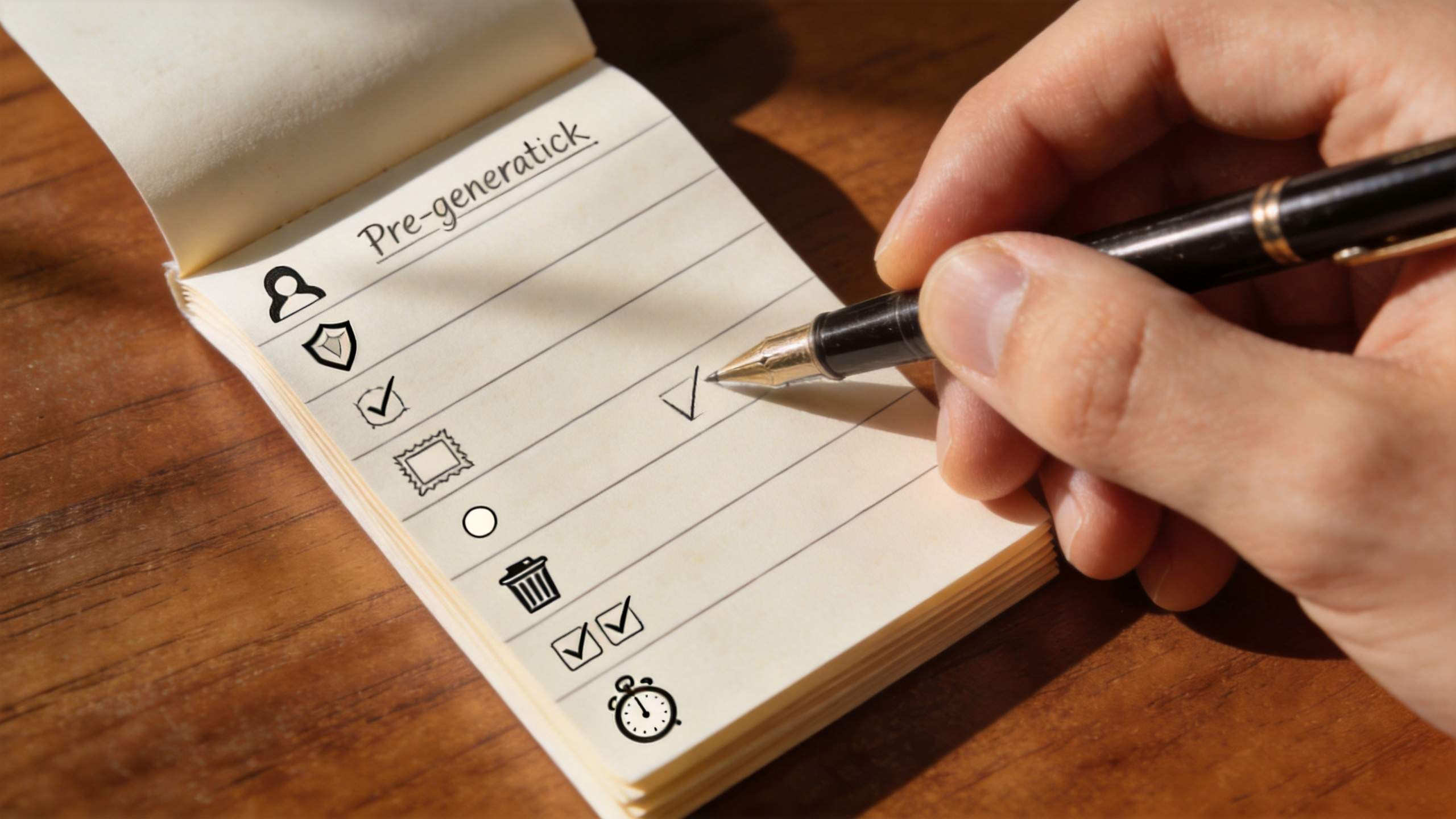 Hand writing a checkmark in a notebook checklist on a wooden table