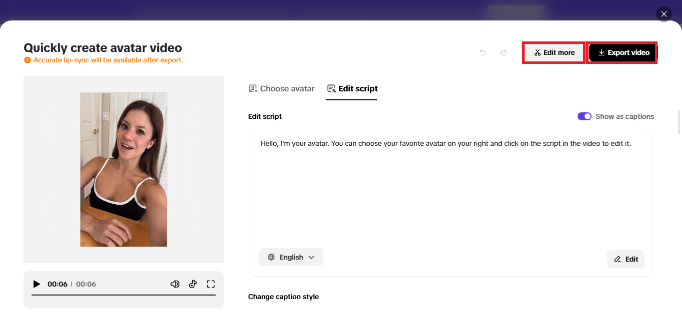 Pippit's AI avatar edting interface with additional editing and export options