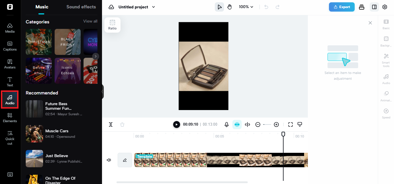 Audio and visual effects options in Pippit's video editor