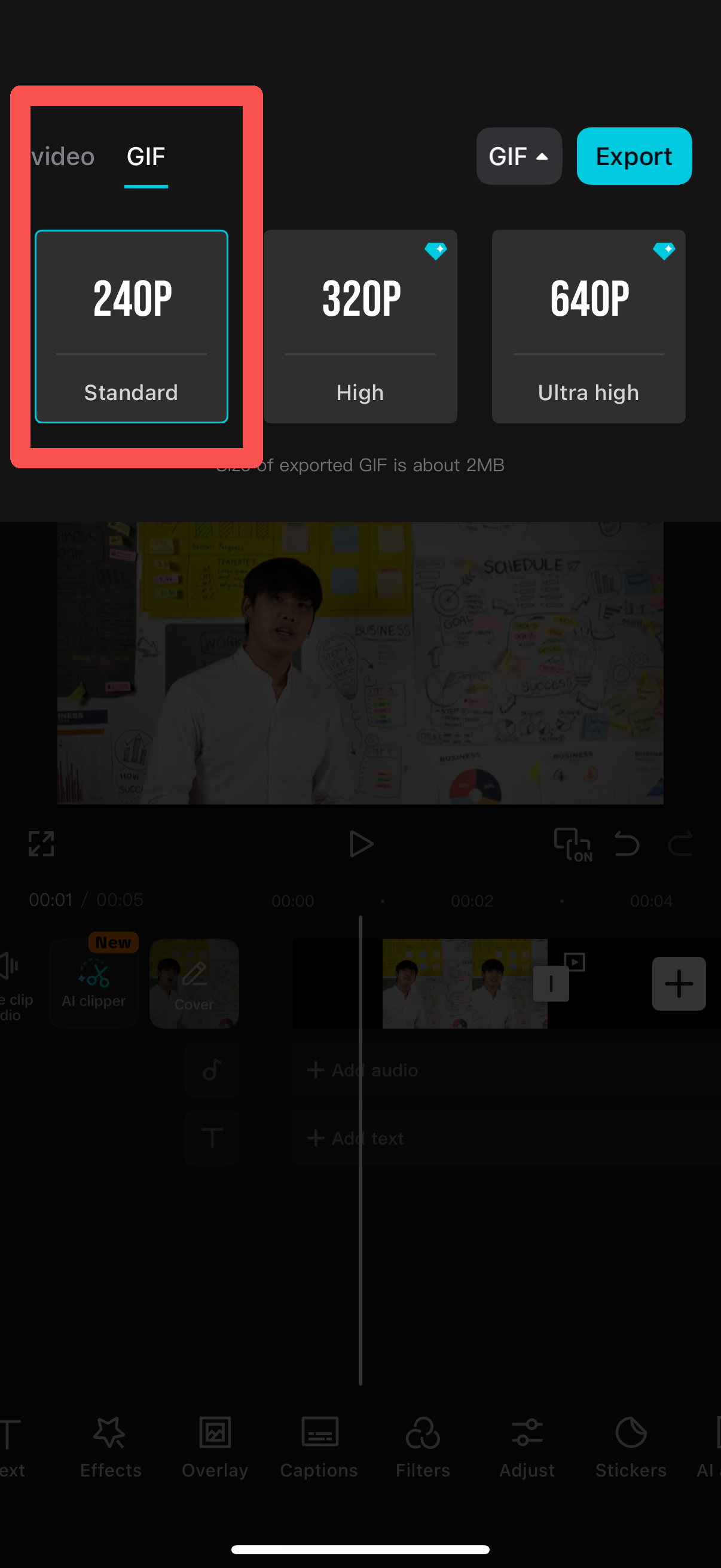 Selecting GIF format in CapCut mobile export settings
