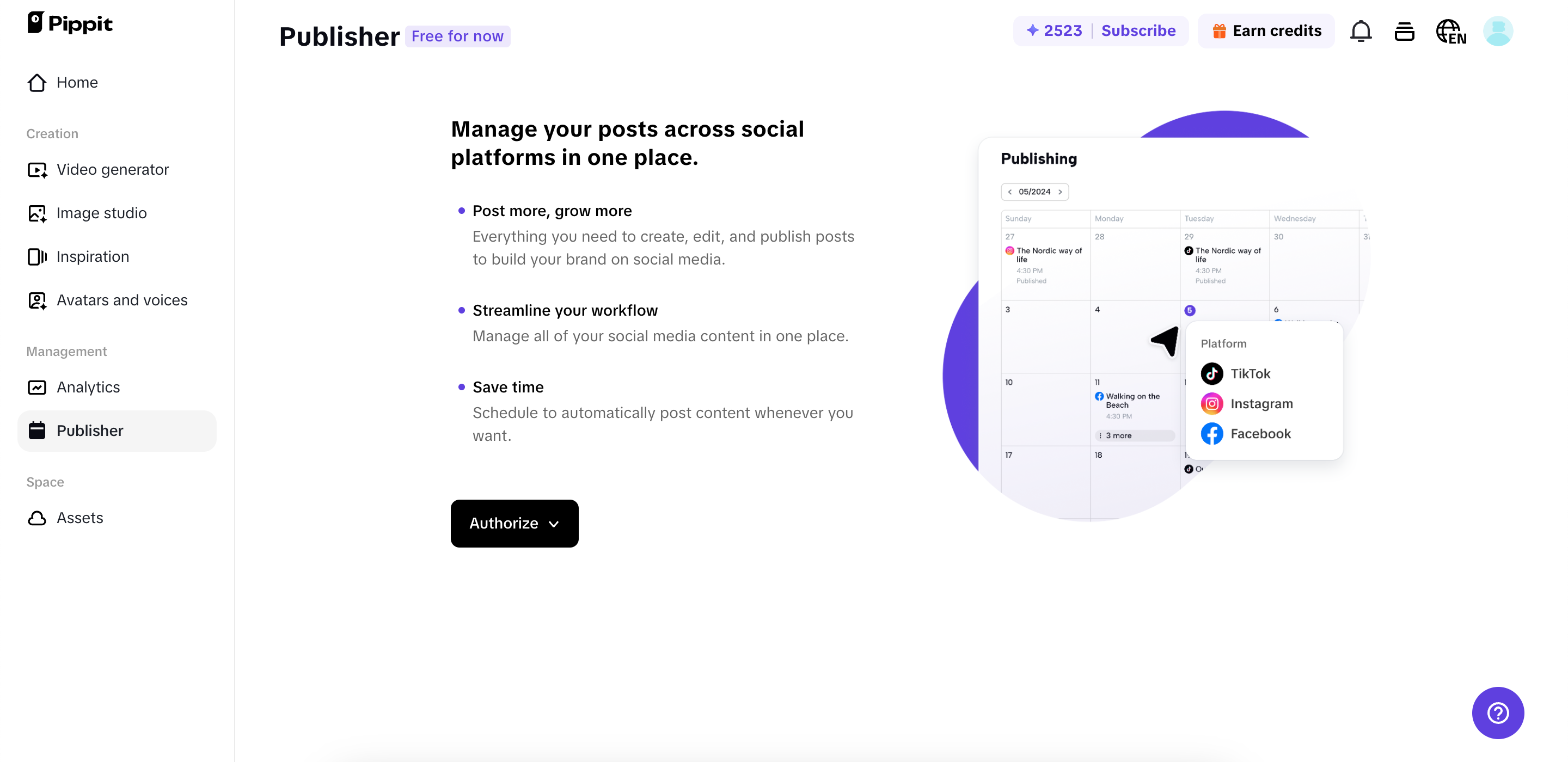 Social media management tools in Pippit