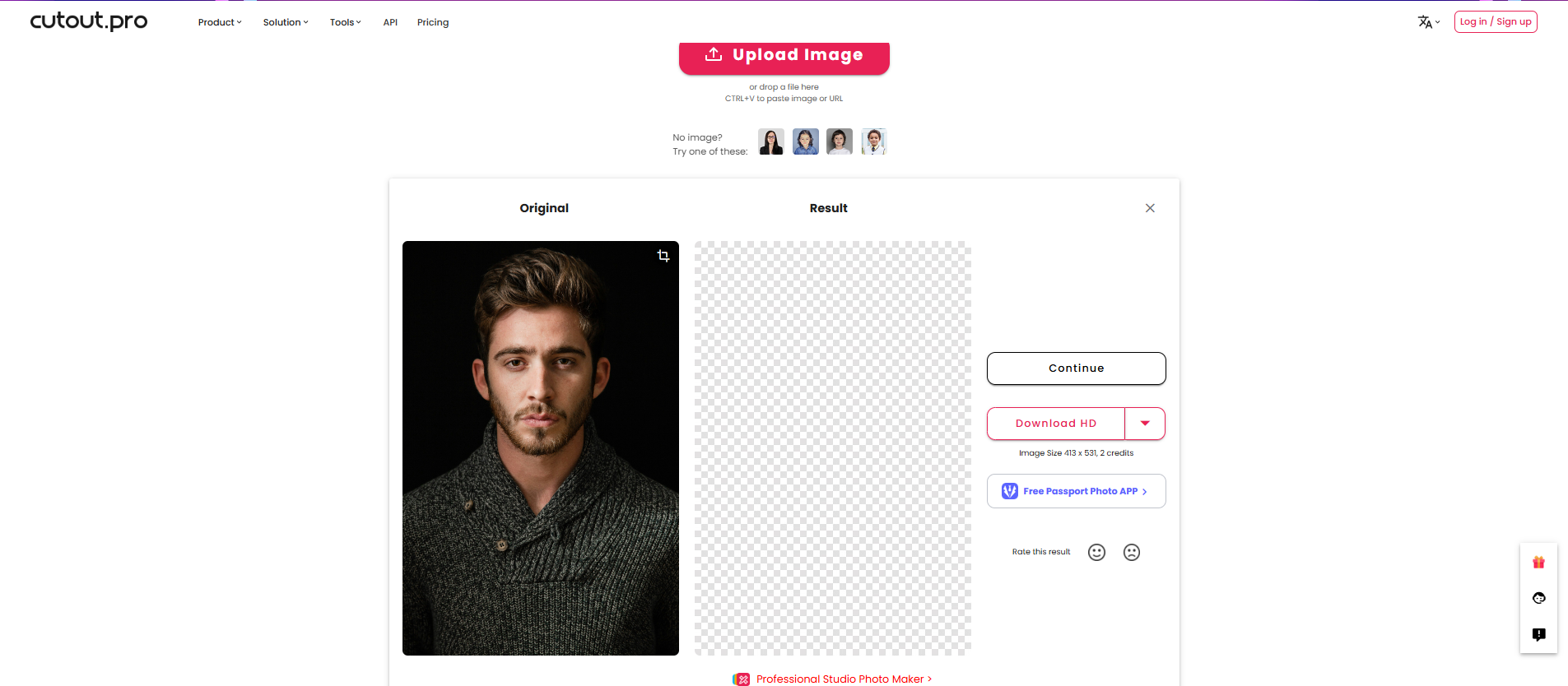 Interface of Cutout.Pro - an efficient passport photo editor