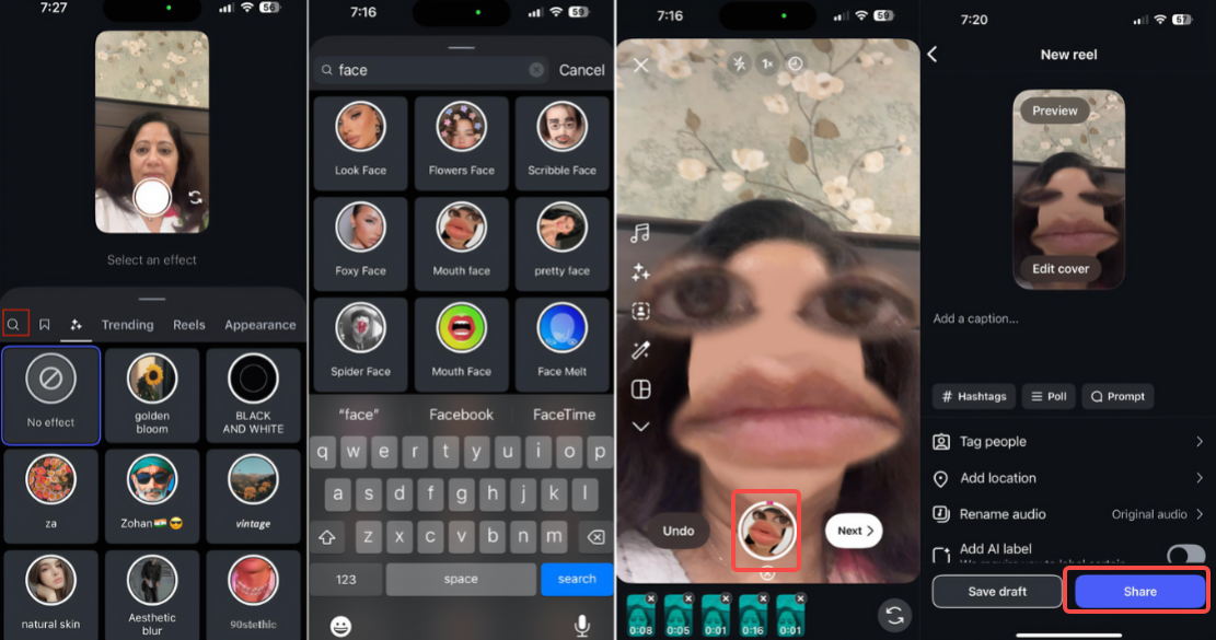 Apply a face filter to the Instagram video